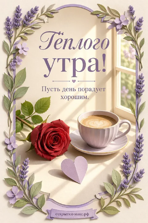 Тёмно-красная роза рядом с чашкой капучино у окна, лавандовая рамка с цветами и сиреневое сердце под чашкой