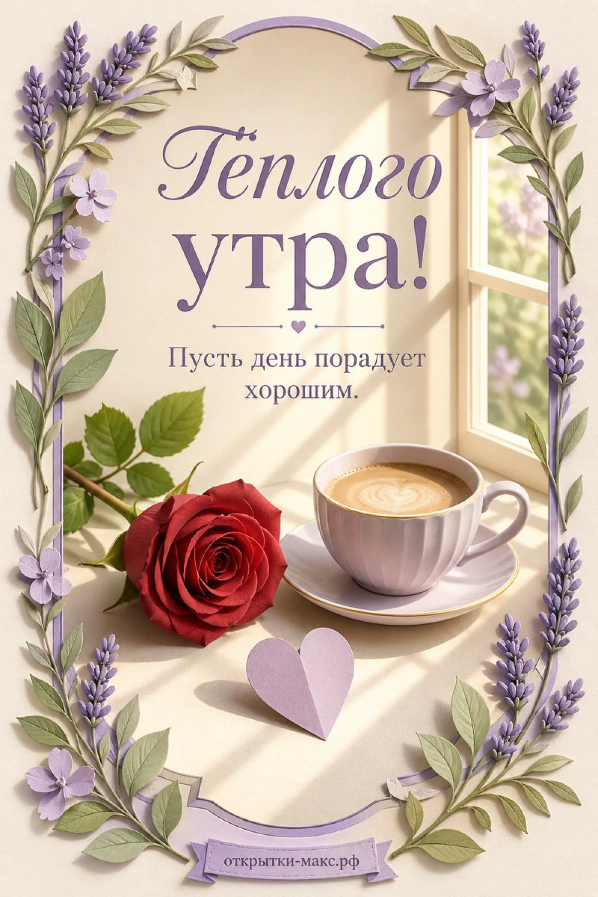 Тёмно-красная роза рядом с чашкой капучино у окна, лавандовая рамка с цветами и сиреневое сердце под чашкой