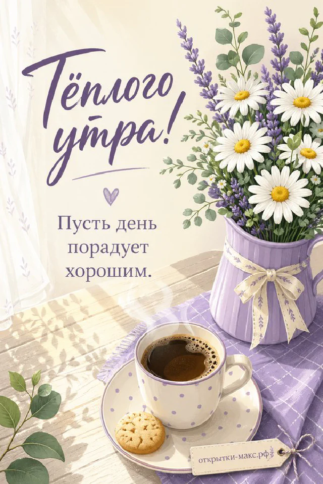 Тёмно-красная роза рядом с чашкой капучино у окна, лавандовая рамка с цветами и сиреневое сердце под чашкой — вариант 8