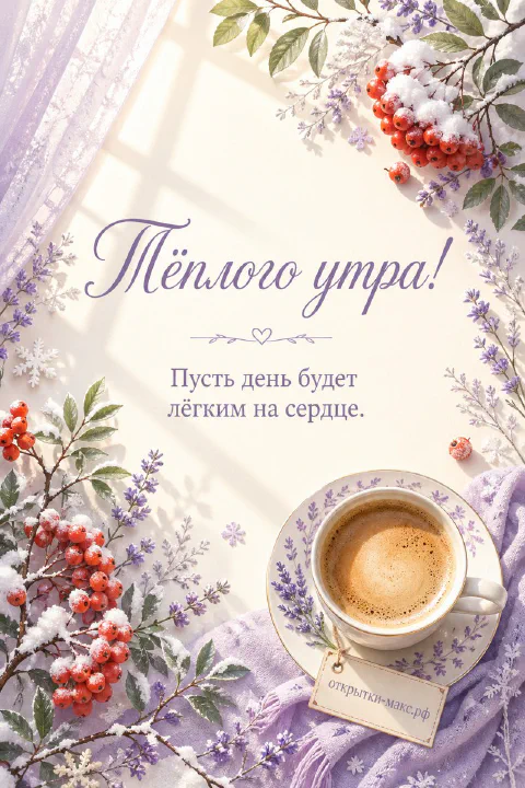 Чашка кофе среди заснеженных гроздей рябины и сиреневых сухоцветов с надписью «Тёплого утра»