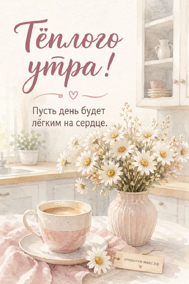 Чашка кофе среди заснеженных гроздей рябины и сиреневых сухоцветов с надписью «Тёплого утра» — вариант 2