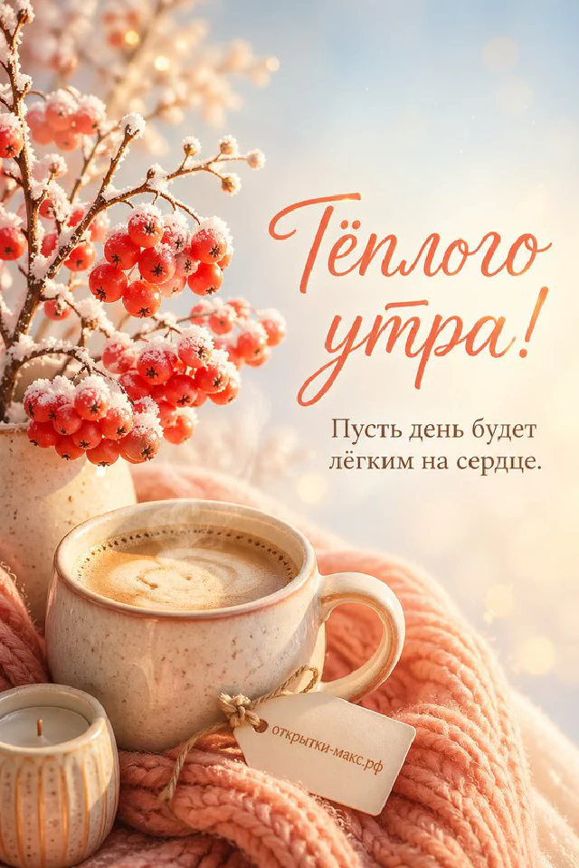 Чашка кофе среди заснеженных гроздей рябины и сиреневых сухоцветов с надписью «Тёплого утра» — вариант 3