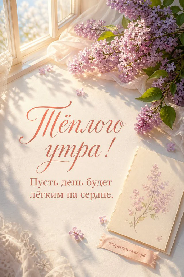 Чашка кофе среди заснеженных гроздей рябины и сиреневых сухоцветов с надписью «Тёплого утра» — вариант 4