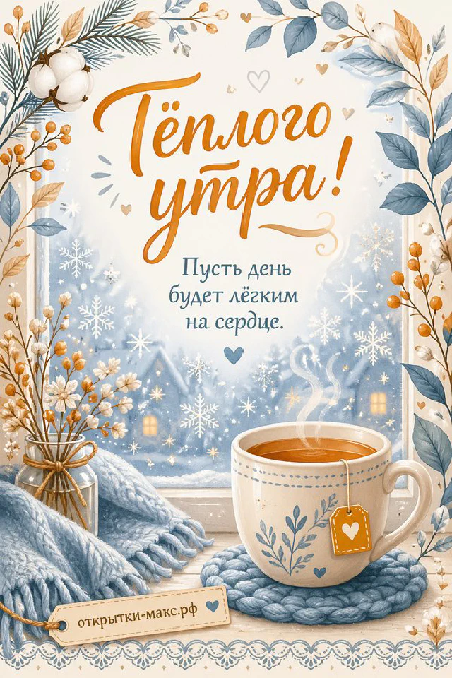 Чашка кофе среди заснеженных гроздей рябины и сиреневых сухоцветов с надписью «Тёплого утра» — вариант 5