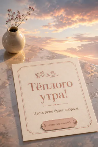 Карточка с надписью Тёплого утра и ваза с сухоцветами на фоне розового рассвета над морем