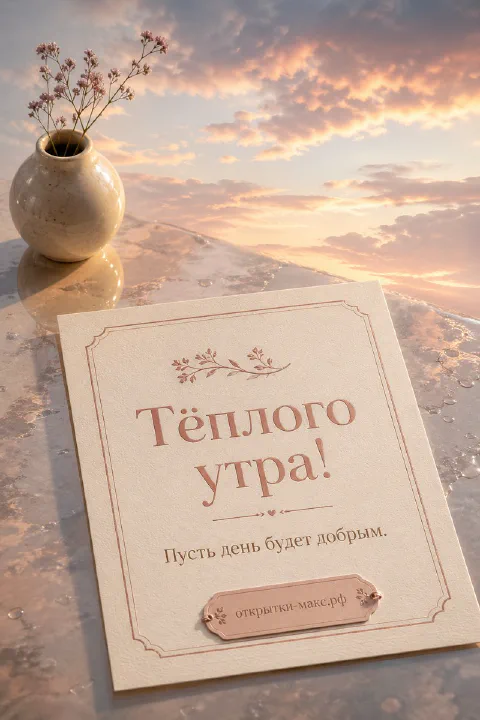 Карточка с надписью Тёплого утра и ваза с сухоцветами на фоне розового рассвета над морем
