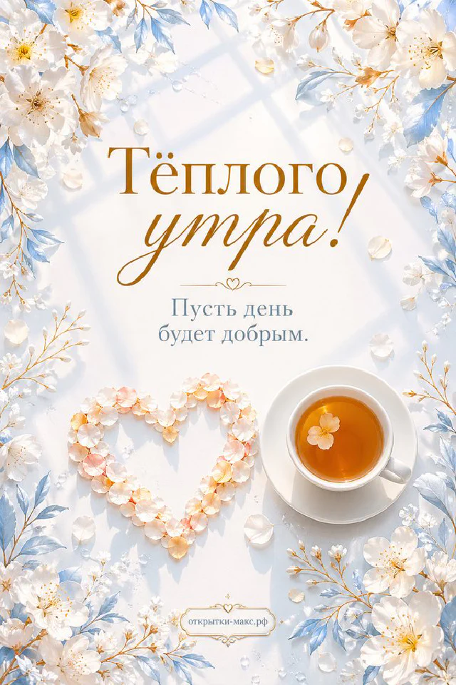 Карточка с надписью Тёплого утра и ваза с сухоцветами на фоне розового рассвета над морем — вариант 2