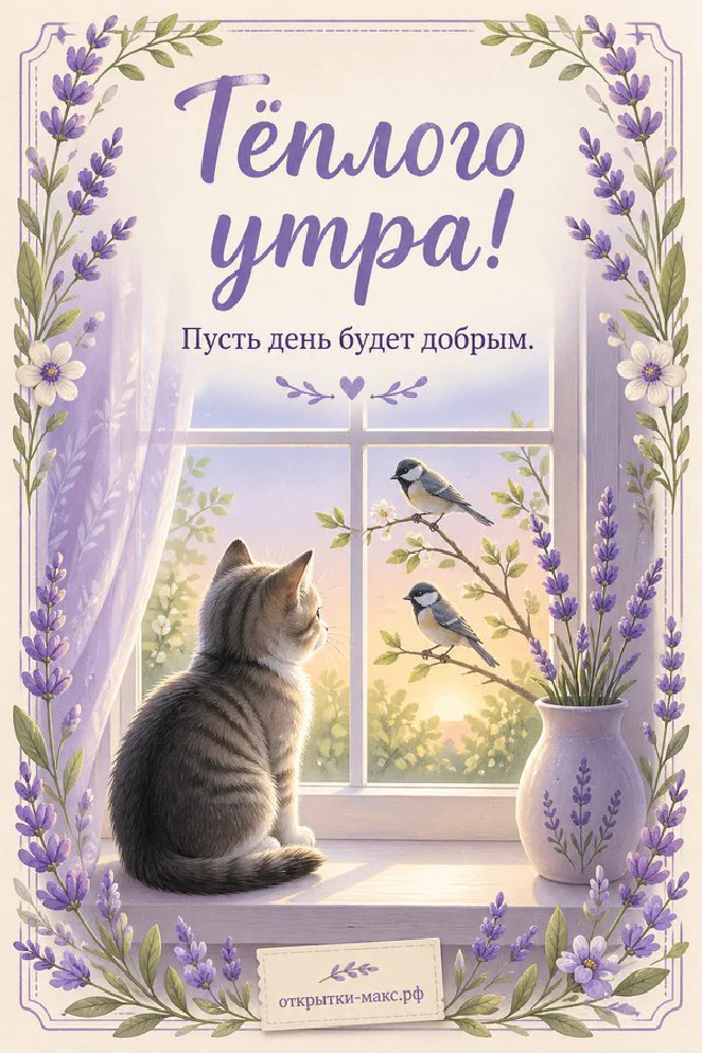 Карточка с надписью Тёплого утра и ваза с сухоцветами на фоне розового рассвета над морем — вариант 6