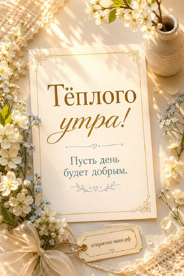 Карточка с надписью Тёплого утра и ваза с сухоцветами на фоне розового рассвета над морем — вариант 7