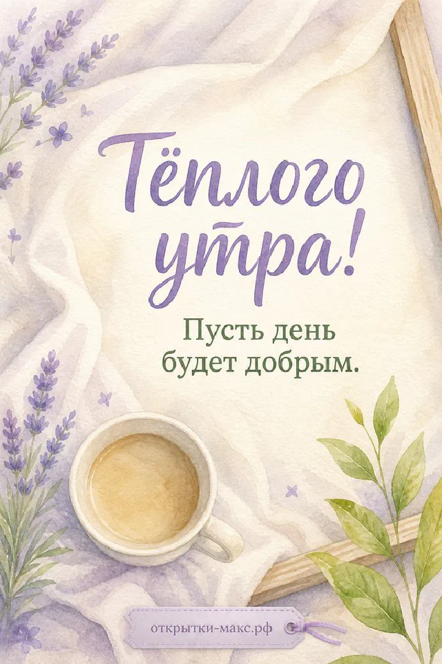 Карточка с надписью Тёплого утра и ваза с сухоцветами на фоне розового рассвета над морем — вариант 3