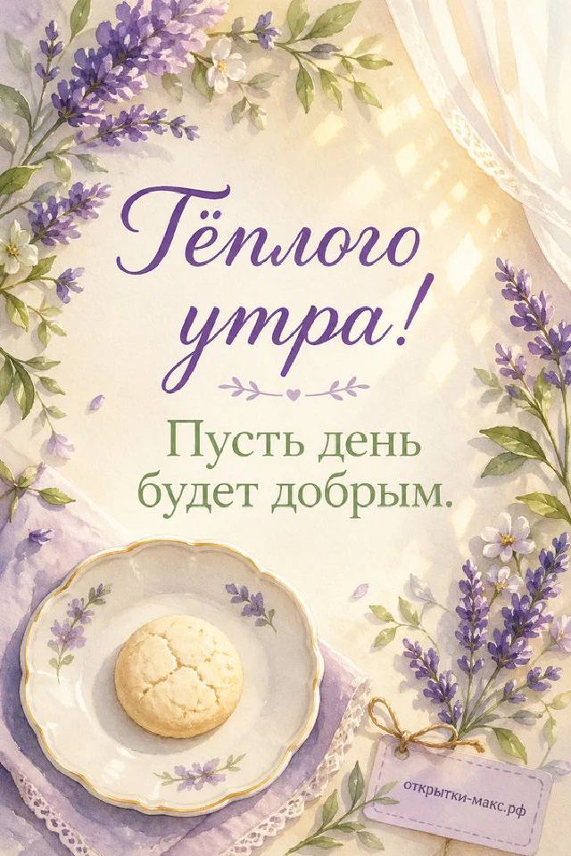 Карточка с надписью Тёплого утра и ваза с сухоцветами на фоне розового рассвета над морем — вариант 8