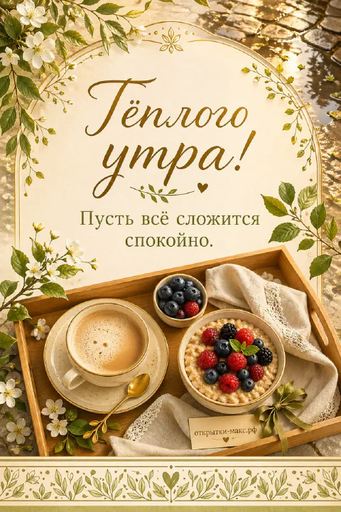 Деревянный поднос с чашкой кофе, тарталеткой с малиной и черникой, в обрамлении белых цветов жасмина и зелёных листьев