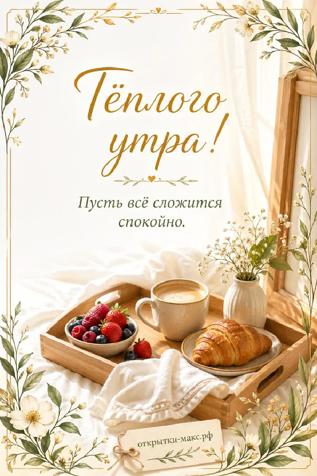 Деревянный поднос с чашкой кофе, тарталеткой с малиной и черникой, в обрамлении белых цветов жасмина и зелёных листьев — вариант 7