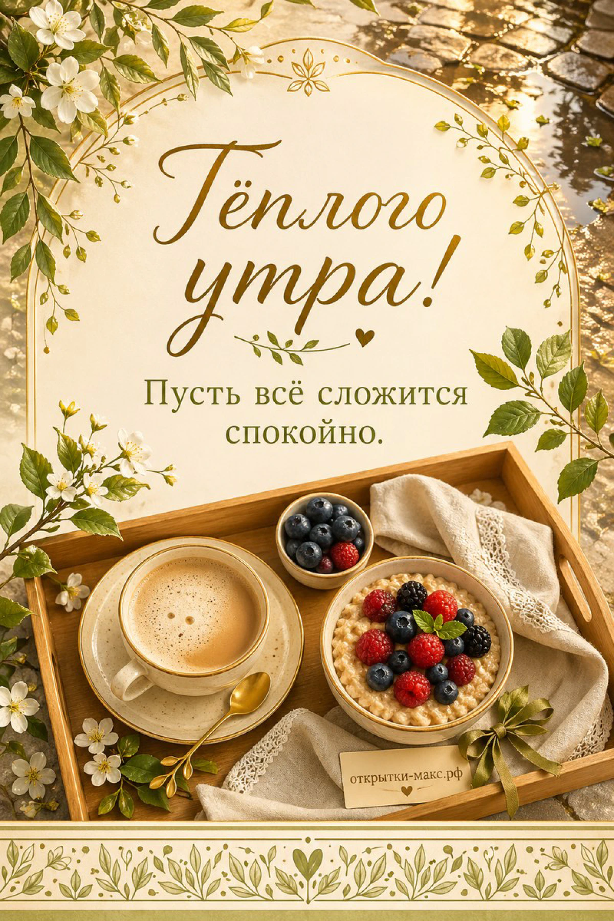 Деревянный поднос с чашкой кофе, тарталеткой с малиной и черникой, в обрамлении белых цветов жасмина и зелёных листьев