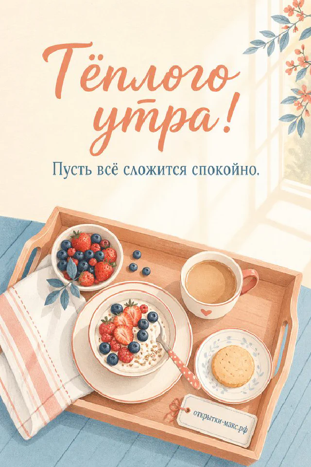 Деревянный поднос с чашкой кофе, тарталеткой с малиной и черникой, в обрамлении белых цветов жасмина и зелёных листьев — вариант 4