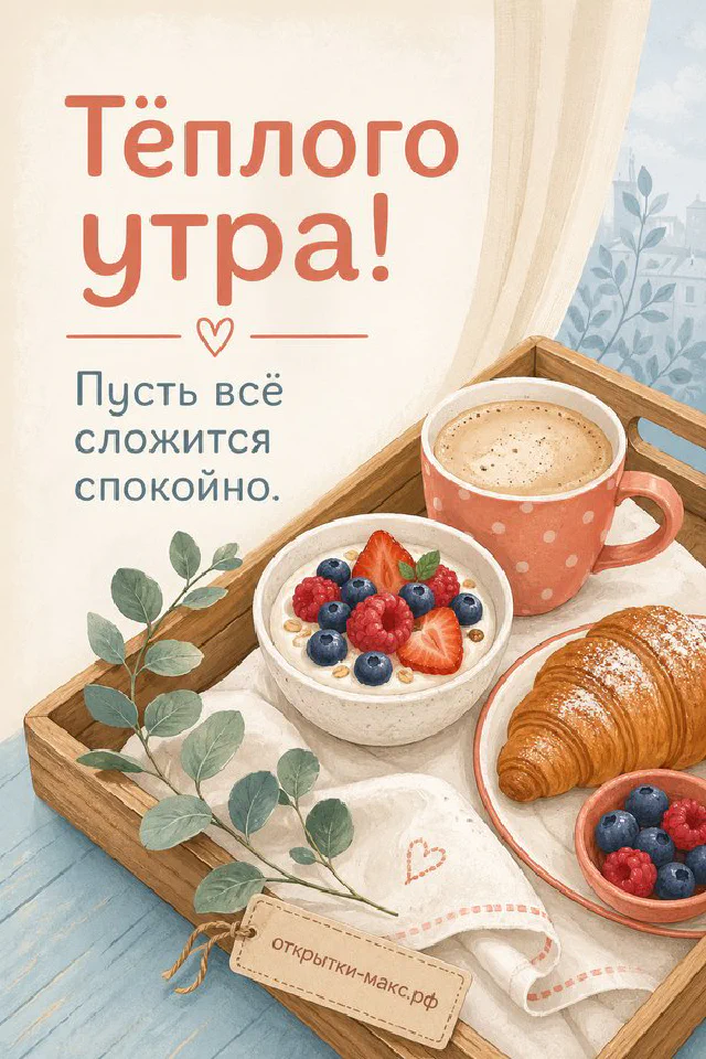 Деревянный поднос с чашкой кофе, тарталеткой с малиной и черникой, в обрамлении белых цветов жасмина и зелёных листьев — вариант 8