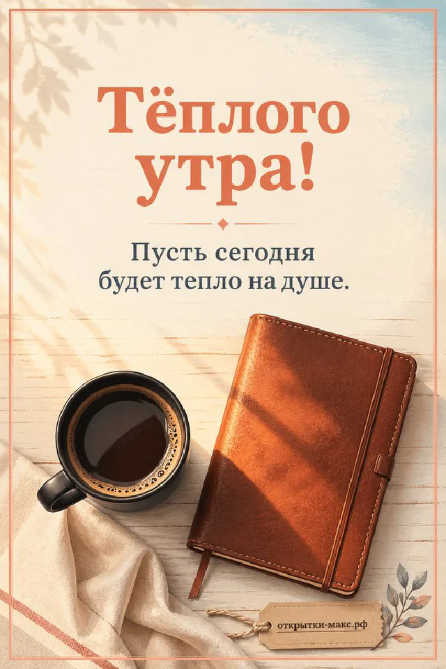 Белый зайчик рядом с чашкой чая с ромашкой на фоне рассвета у воды, надпись «Тёплого утра» — вариант 4