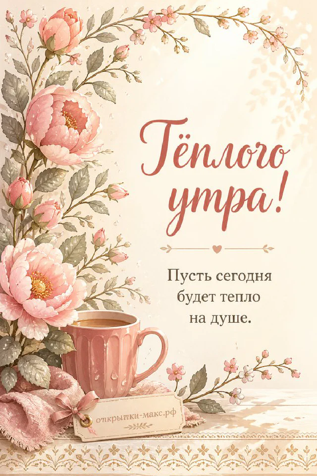 Белый зайчик рядом с чашкой чая с ромашкой на фоне рассвета у воды, надпись «Тёплого утра» — вариант 2