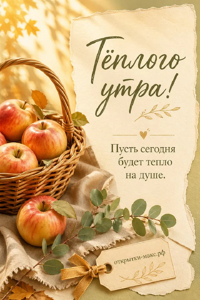 Белый зайчик рядом с чашкой чая с ромашкой на фоне рассвета у воды, надпись «Тёплого утра» — вариант 5