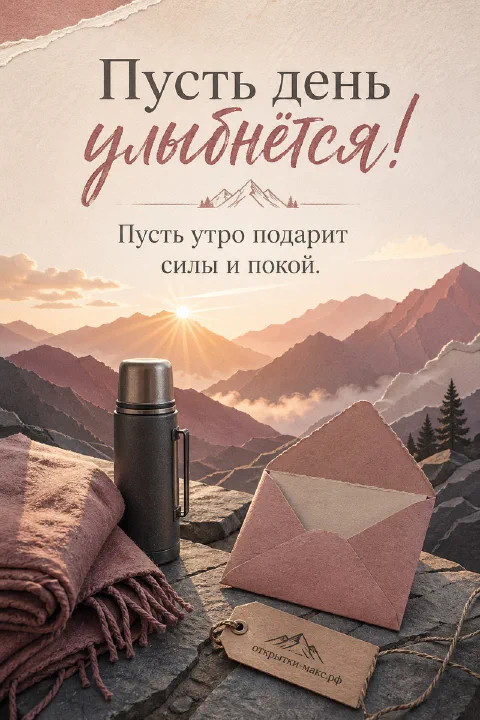 Термос и конверт на камне с видом на горный рассвет, надпись «Пусть день улыбнётся»