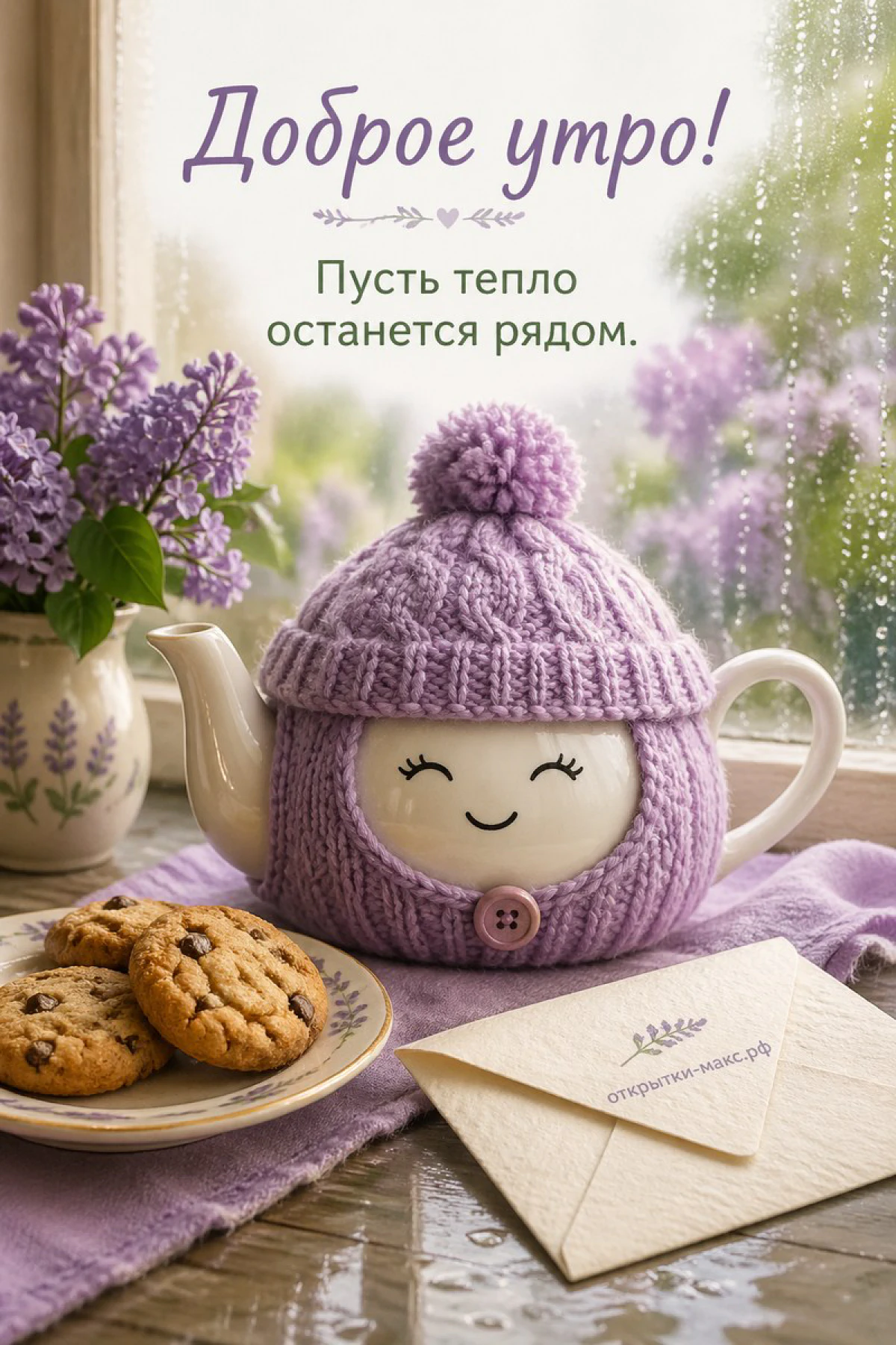 Цветущая яблоня за окном и чашка чая на белом подоконнике
