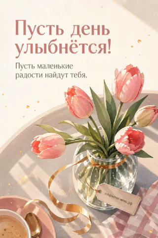 Розовые тюльпаны в стеклянной вазе с золотой лентой, надпись «Пусть день улыбнётся»