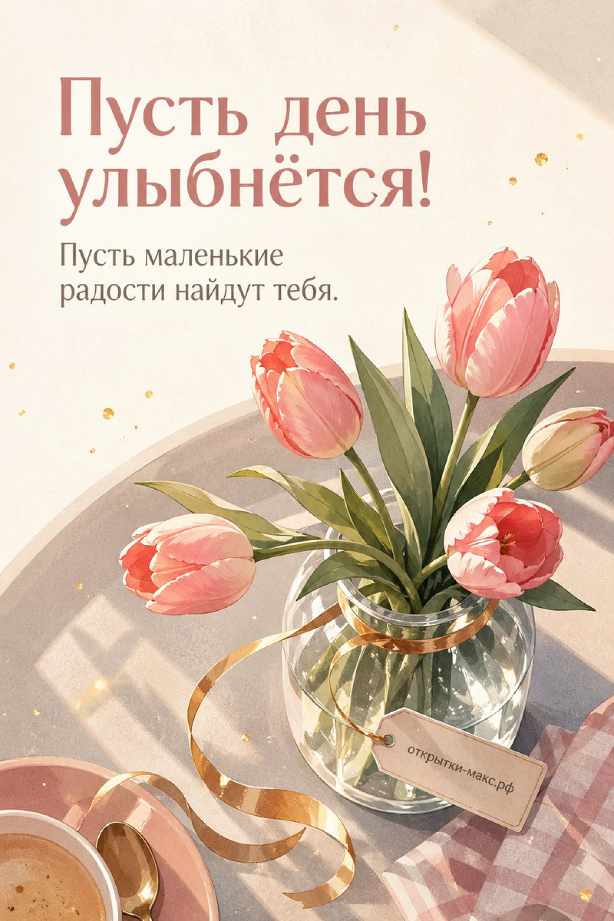 Розовые тюльпаны в стеклянной вазе с золотой лентой, надпись «Пусть день улыбнётся»