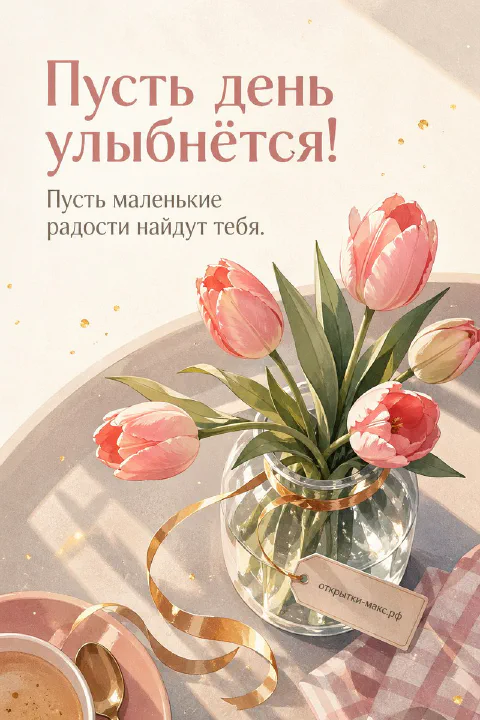 Розовые тюльпаны в стеклянной вазе с золотой лентой, надпись «Пусть день улыбнётся»