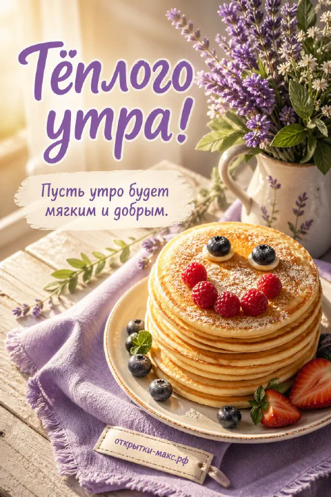 Высокая стопка блинов с малиной, черникой и рожицей из ягод на фоне букета лаванды, открытка тёплого утра