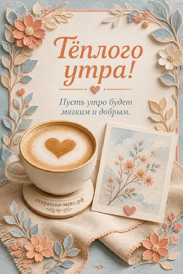 Высокая стопка блинов с малиной, черникой и рожицей из ягод на фоне букета лаванды, открытка тёплого утра — вариант 2