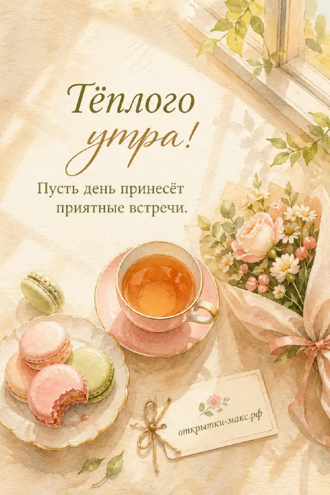 Акварельная сцена: розовая чашка чая с макарунами и букетом цветов у светлого окна, открытка тёплого утра