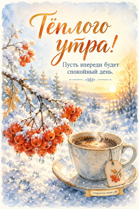 Акварель: чашка чая на блюдце и заснеженная ветвь рябины с красными ягодами на фоне зимнего рассвета