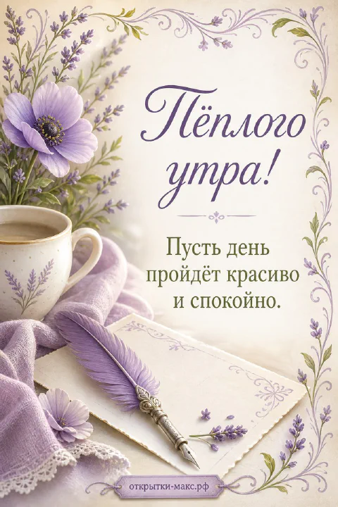 Чашка кофе и перьевая ручка с лавандовым цветком на бежевом фоне в рамке из фиолетовых цветов, открытка тёплого утра