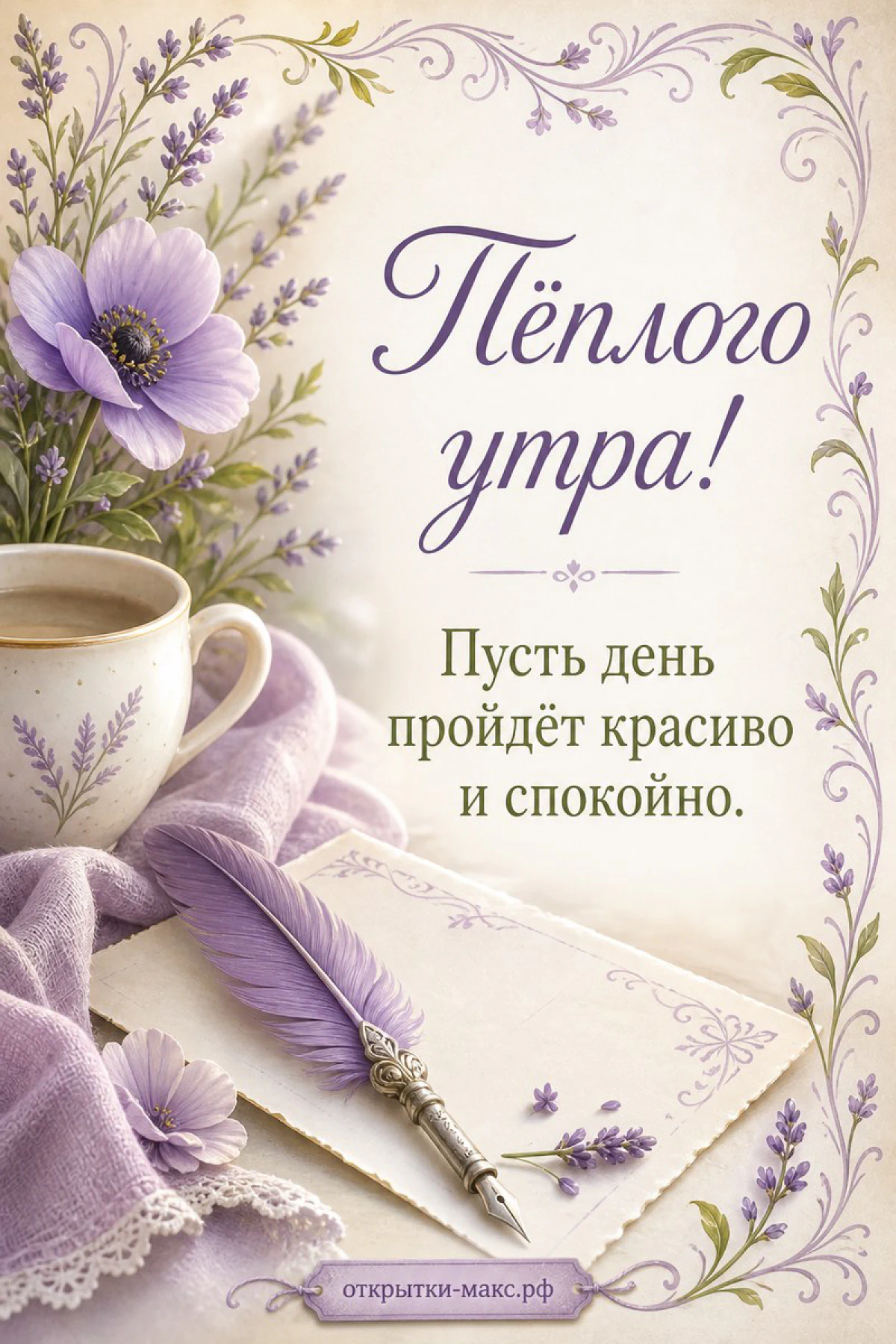 Чашка кофе и перьевая ручка с лавандовым цветком на бежевом фоне в рамке из фиолетовых цветов, открытка тёплого утра