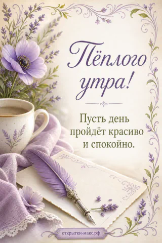 Чашка кофе и перьевая ручка с лавандовым цветком на бежевом фоне в рамке из фиолетовых цветов, открытка тёплого утра