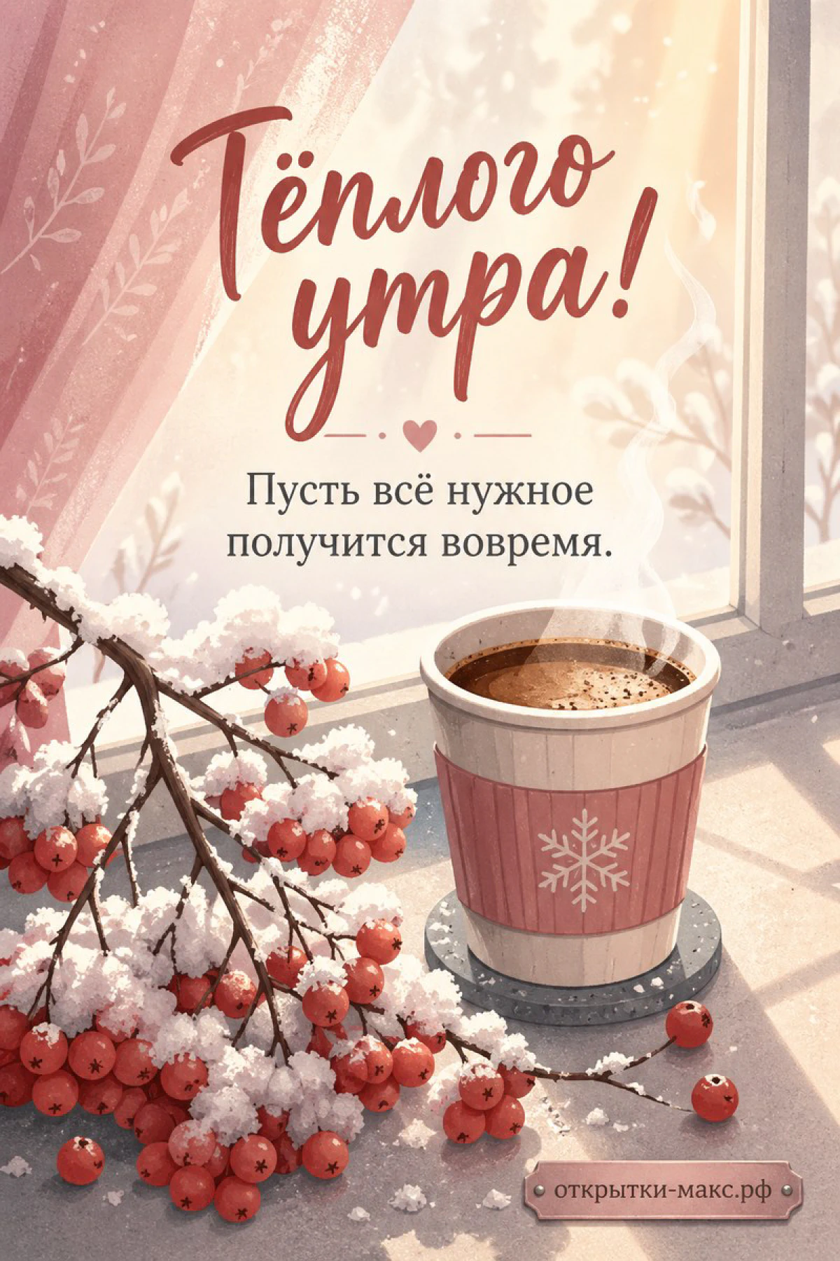Бумажный стакан кофе со снежинкой и заснеженные ветви рябины у розового окна, зимняя открытка тёплого утра