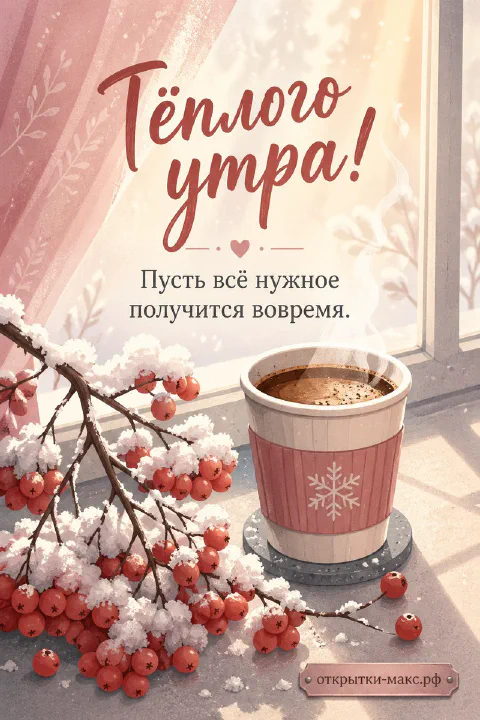 Бумажный стакан кофе со снежинкой и заснеженные ветви рябины у розового окна, зимняя открытка тёплого утра