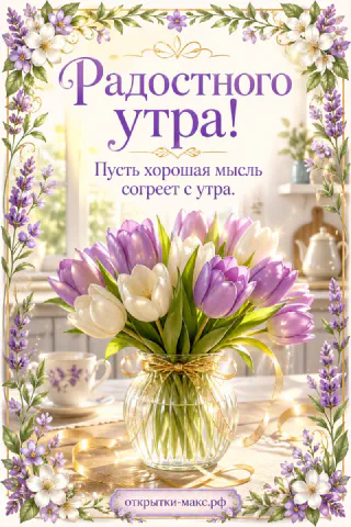 Стеклянная ваза с бело-сиреневыми тюльпанами и гирляндой на столе в светлой кухне