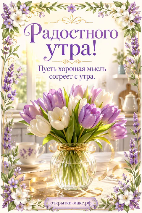 Стеклянная ваза с бело-сиреневыми тюльпанами и гирляндой на столе в светлой кухне