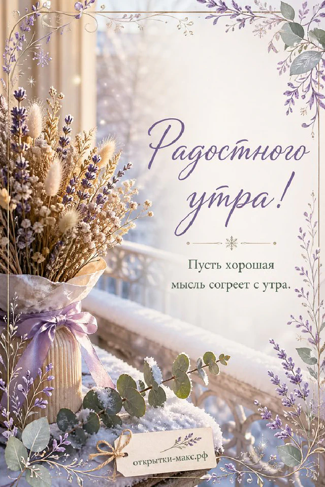 Стеклянная ваза с бело-сиреневыми тюльпанами и гирляндой на столе в светлой кухне — вариант 2