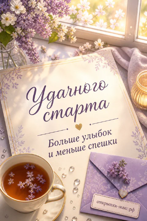 Чашка чая с сиреневыми цветами, конверт с веточкой сирени и ваза с сиренью у солнечного окна, надпись «Удачного старта»