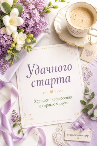 Чашка капучино и букет белой и сиреневой сирени с запиской на кружевной салфетке, вид сверху