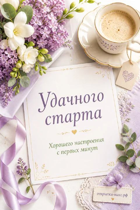 Чашка капучино и букет белой и сиреневой сирени с запиской на кружевной салфетке, вид сверху