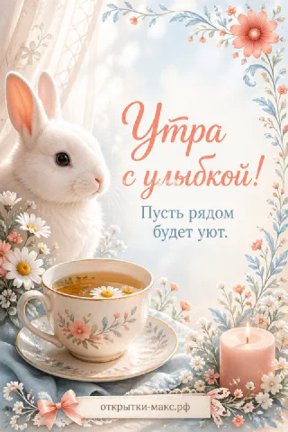 Игрушечный зайчик с чашкой чая и горящей свечой, надпись «Утра с улыбкой»