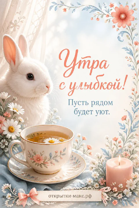 Игрушечный зайчик с чашкой чая и горящей свечой, надпись «Утра с улыбкой»