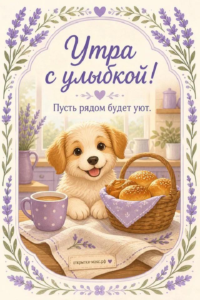 Игрушечный зайчик с чашкой чая и горящей свечой, надпись «Утра с улыбкой» — вариант 3