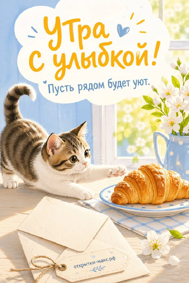 Игрушечный зайчик с чашкой чая и горящей свечой, надпись «Утра с улыбкой» — вариант 5