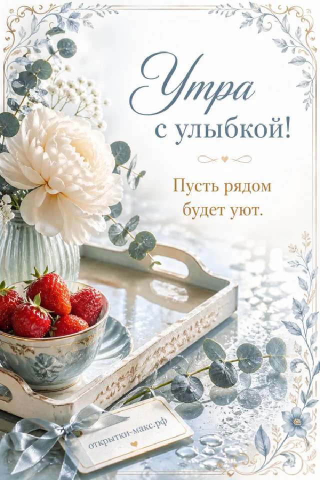 Игрушечный зайчик с чашкой чая и горящей свечой, надпись «Утра с улыбкой» — вариант 2