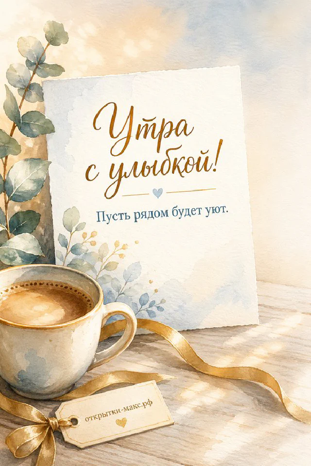 Игрушечный зайчик с чашкой чая и горящей свечой, надпись «Утра с улыбкой» — вариант 4