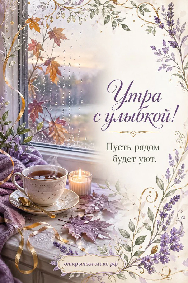 Игрушечный зайчик с чашкой чая и горящей свечой, надпись «Утра с улыбкой» — вариант 6